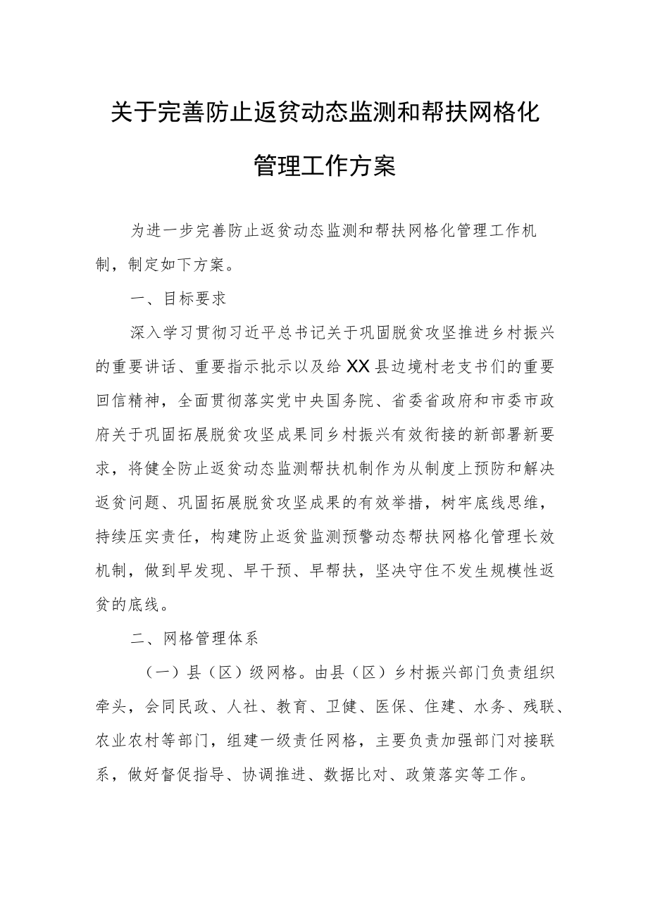 关于完善防止返贫动态监测和帮扶网格化管理工作方案.docx_第1页