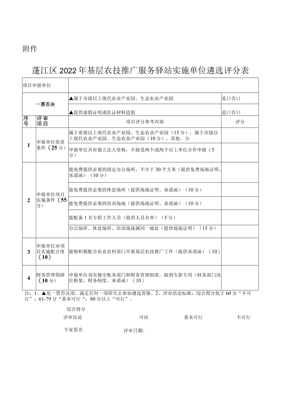 蓬江区2022年基层农技推广服务驿站实施单位遴选评分表.docx_第1页