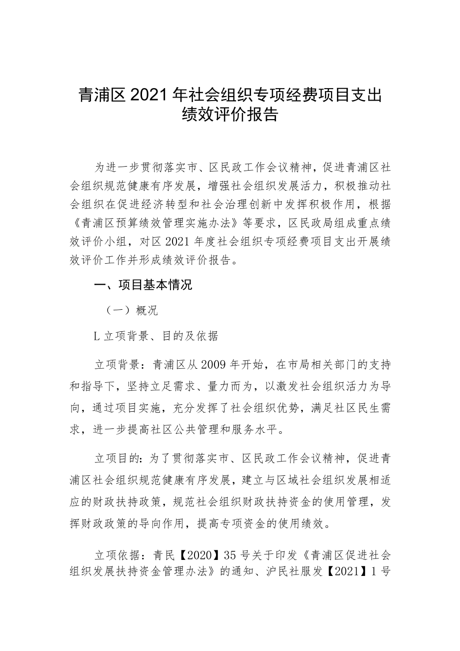 青浦区2021年社会组织专项经费项目支出绩效评价报告.docx_第1页