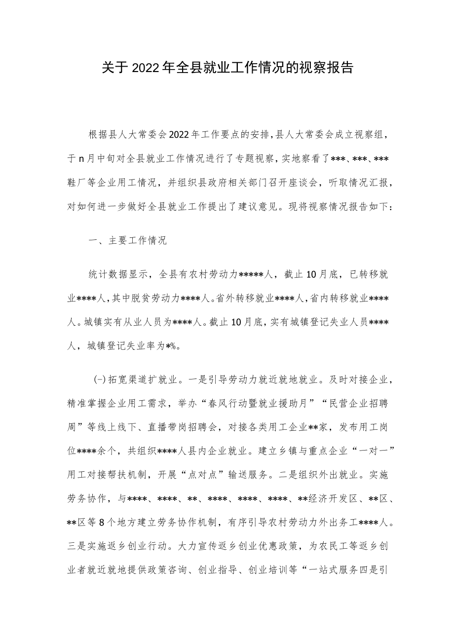 关于2022年全县就业工作情况的视察报告.docx_第1页