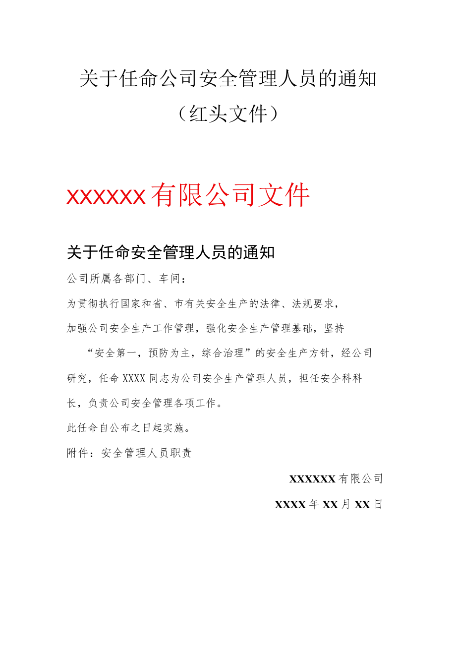 关于《任命公司安全管理人员的通知》.docx_第1页