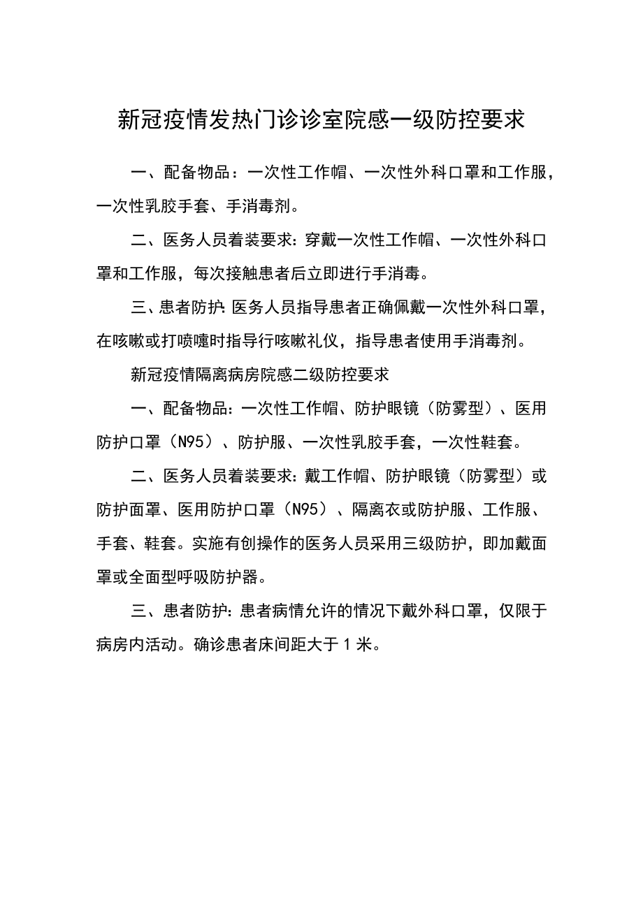 新冠疫情发热门诊诊室院感一级防控要求.docx_第1页