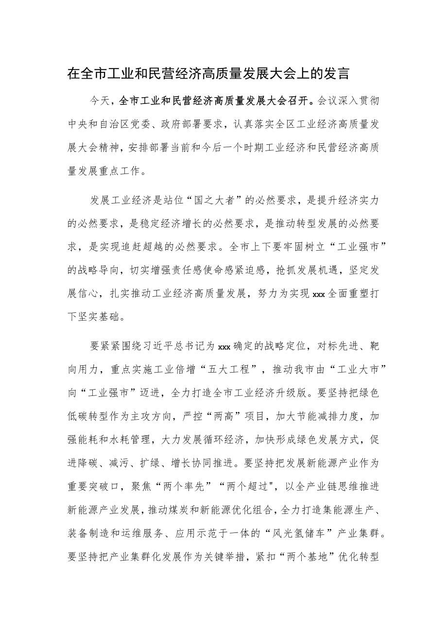 在全市工业和民营经济高质量发展大会上的发言.docx_第1页