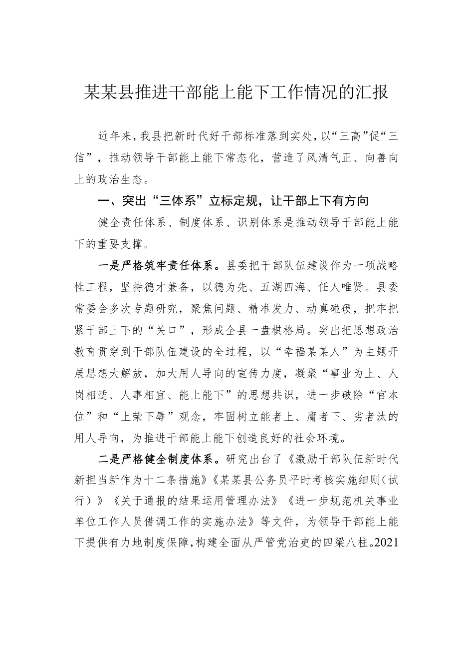 某某县推进干部能上能下工作情况的汇报.docx_第1页