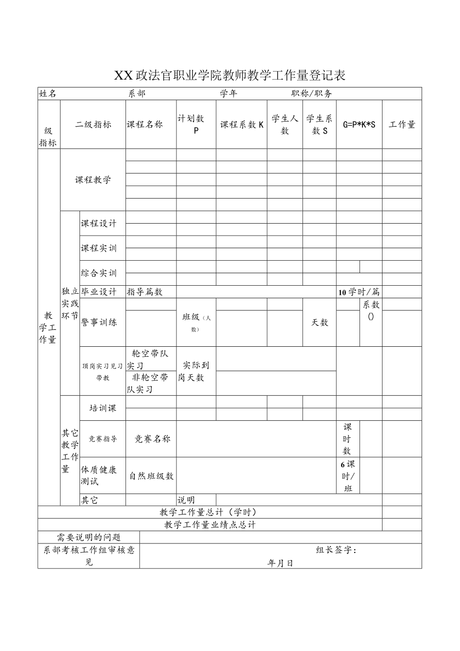 XX政法官职业学院教师教学工作量登记表.docx_第1页