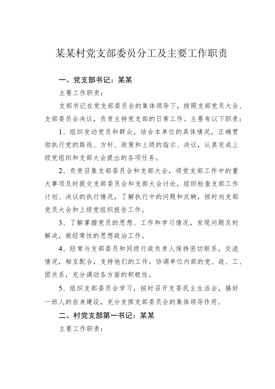 某某村党支部委员分工及主要工作职责.docx_第1页