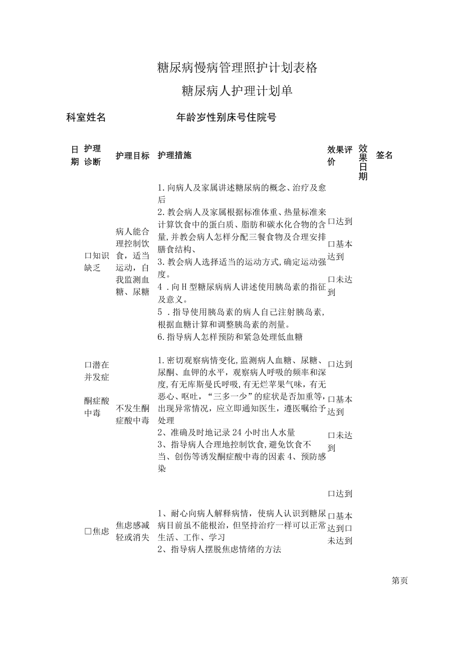 糖尿病慢病管理照护计划表格.docx_第1页