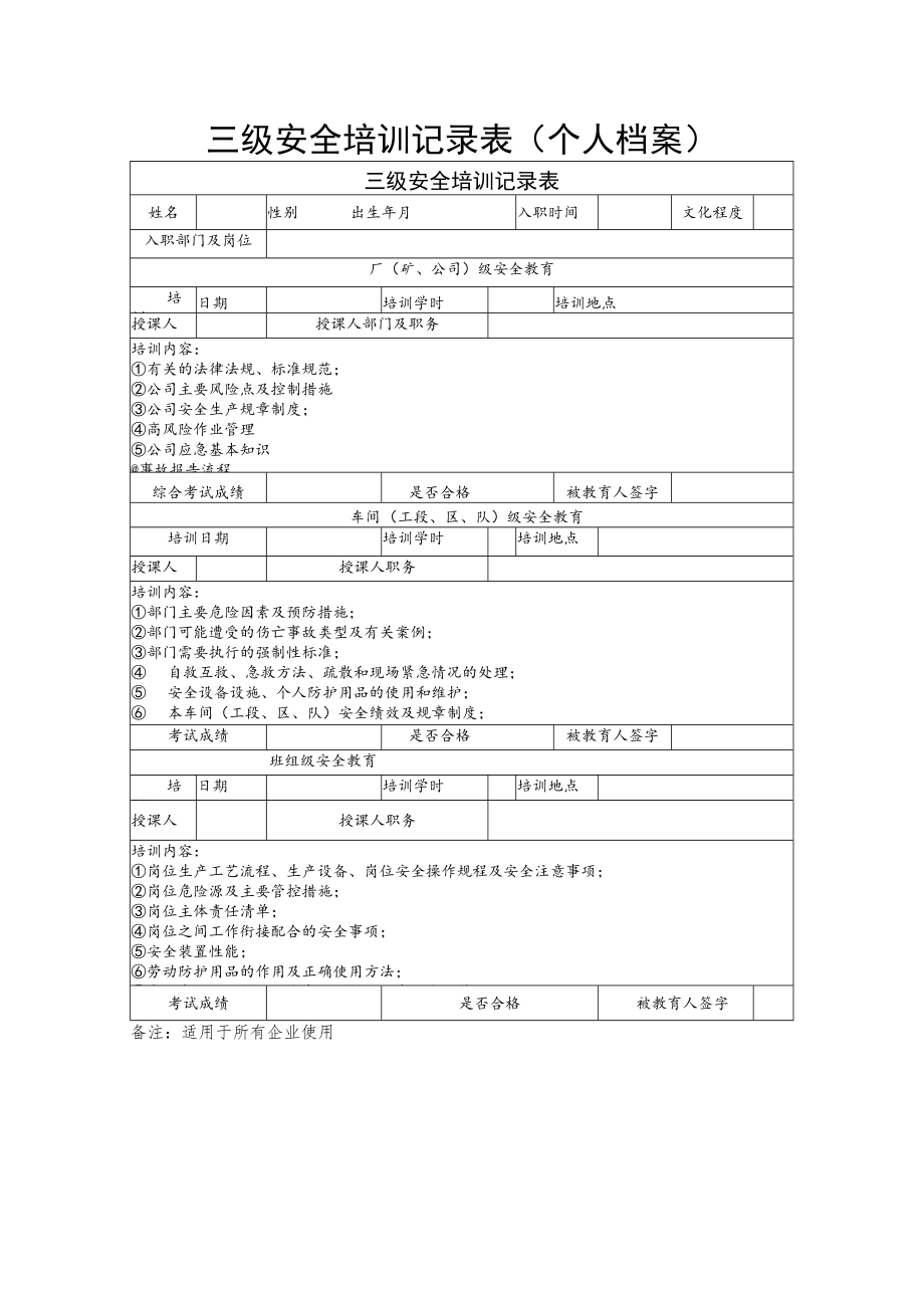 三级安全培训记录表 （个人档案）.docx_第1页