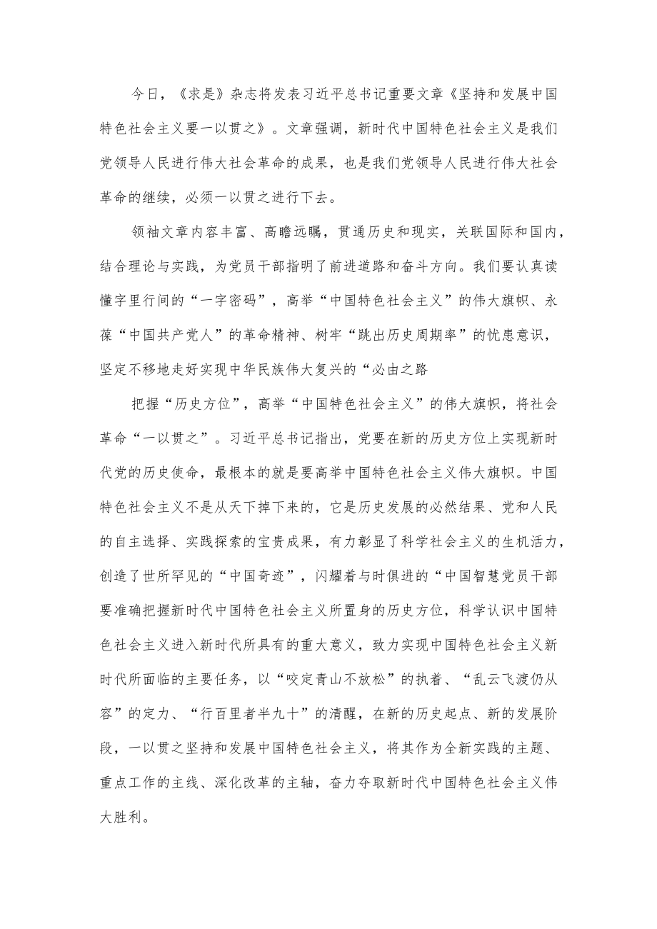 贯彻落实《坚持和发展中国特色社会主义要一以贯之》学习心得体会3篇.docx_第1页