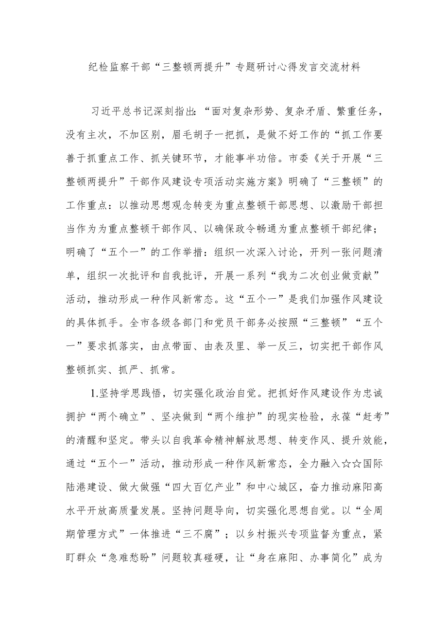 纪检监察干部“三整顿两提升”专题研讨心得发言交流材料5篇.docx_第1页