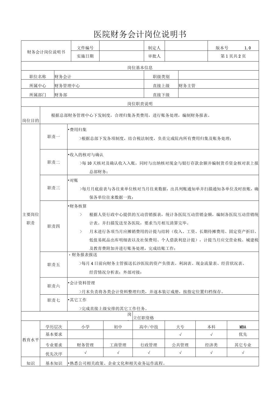 医院财务会计岗位说明书.docx_第1页