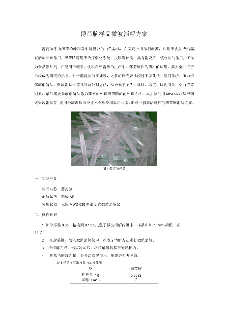 薄荷脑样品微波消解方案.docx_第1页