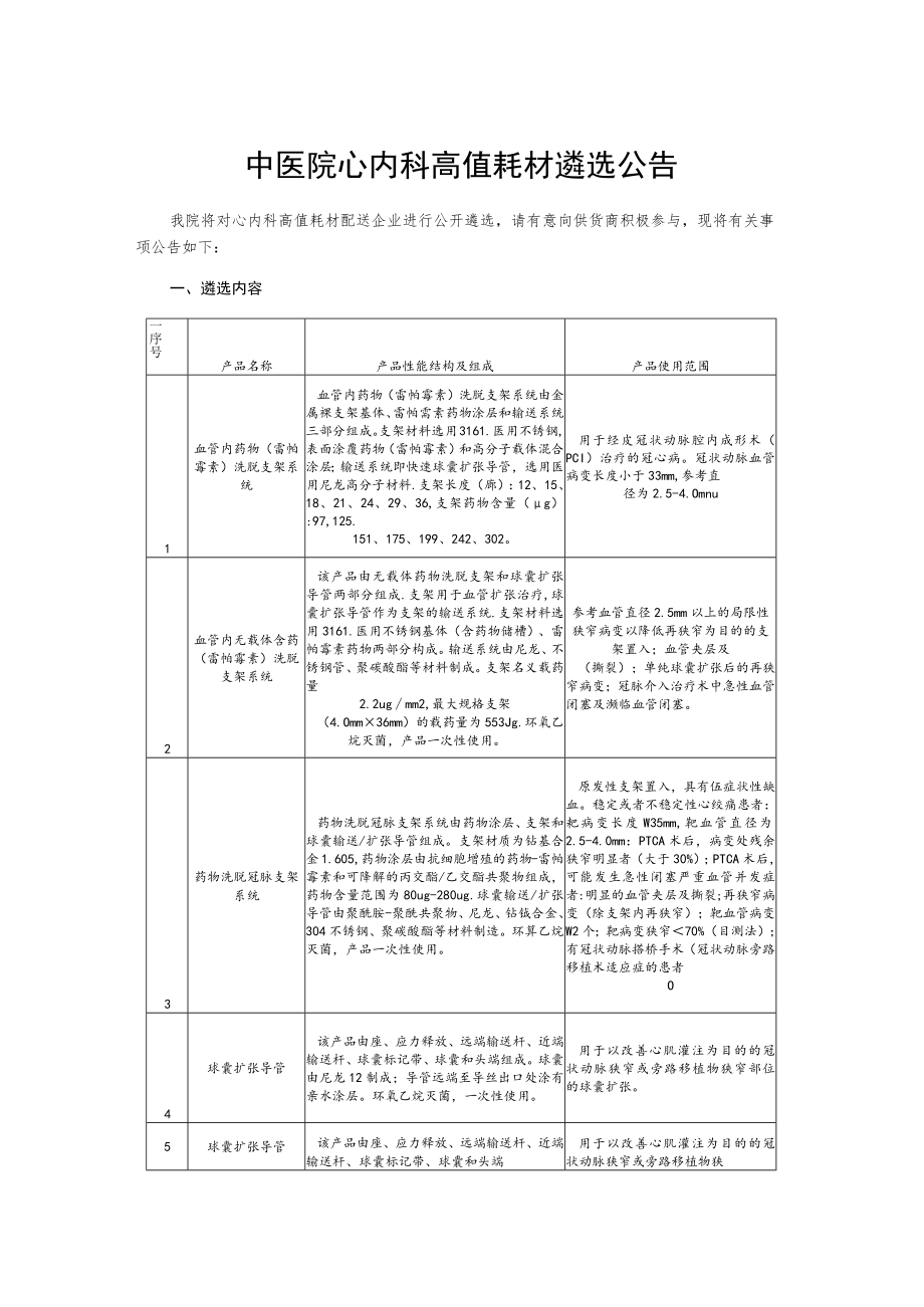 中医院心内科高值耗材遴选公告.docx_第1页