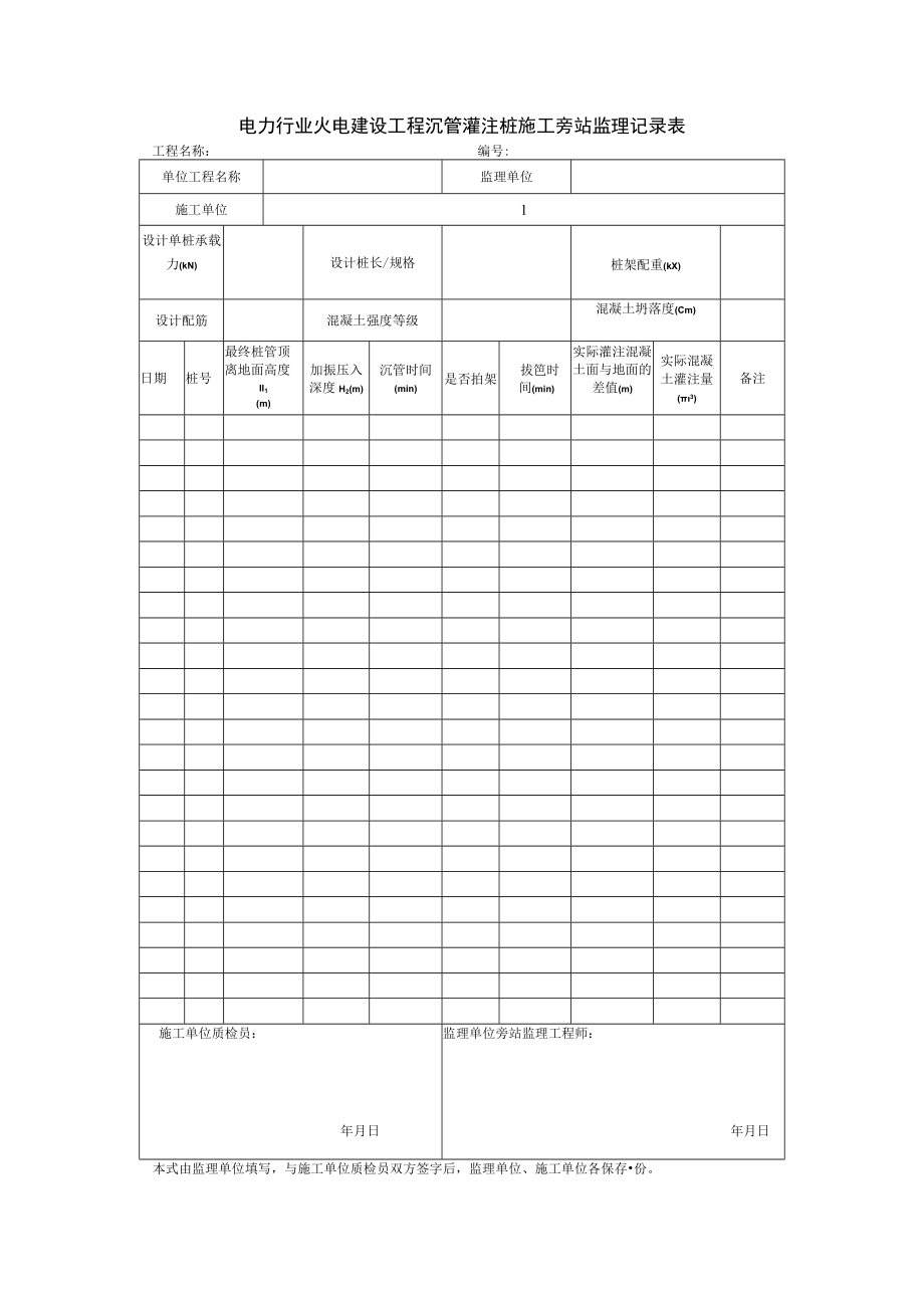 电力行业火电建设工程沉管灌注桩施工旁站监理记录表.docx_第1页