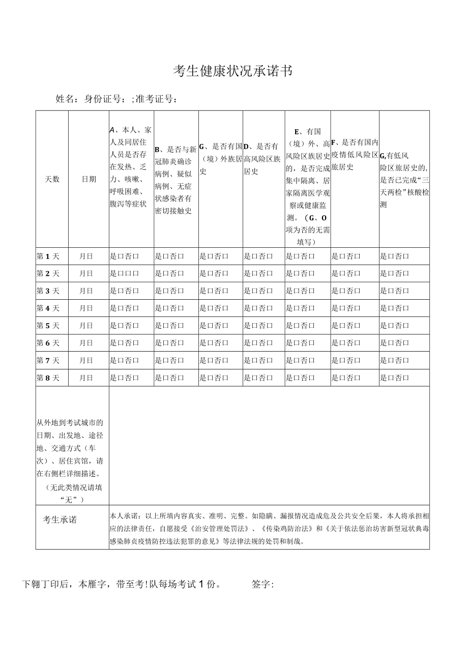 考生健康状况承诺书.docx_第1页