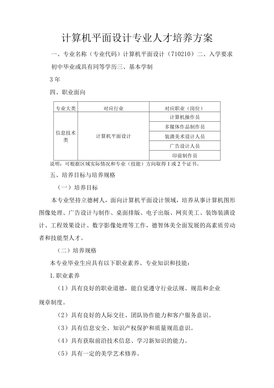 计算机平面设计专业人才培养方案.docx_第1页