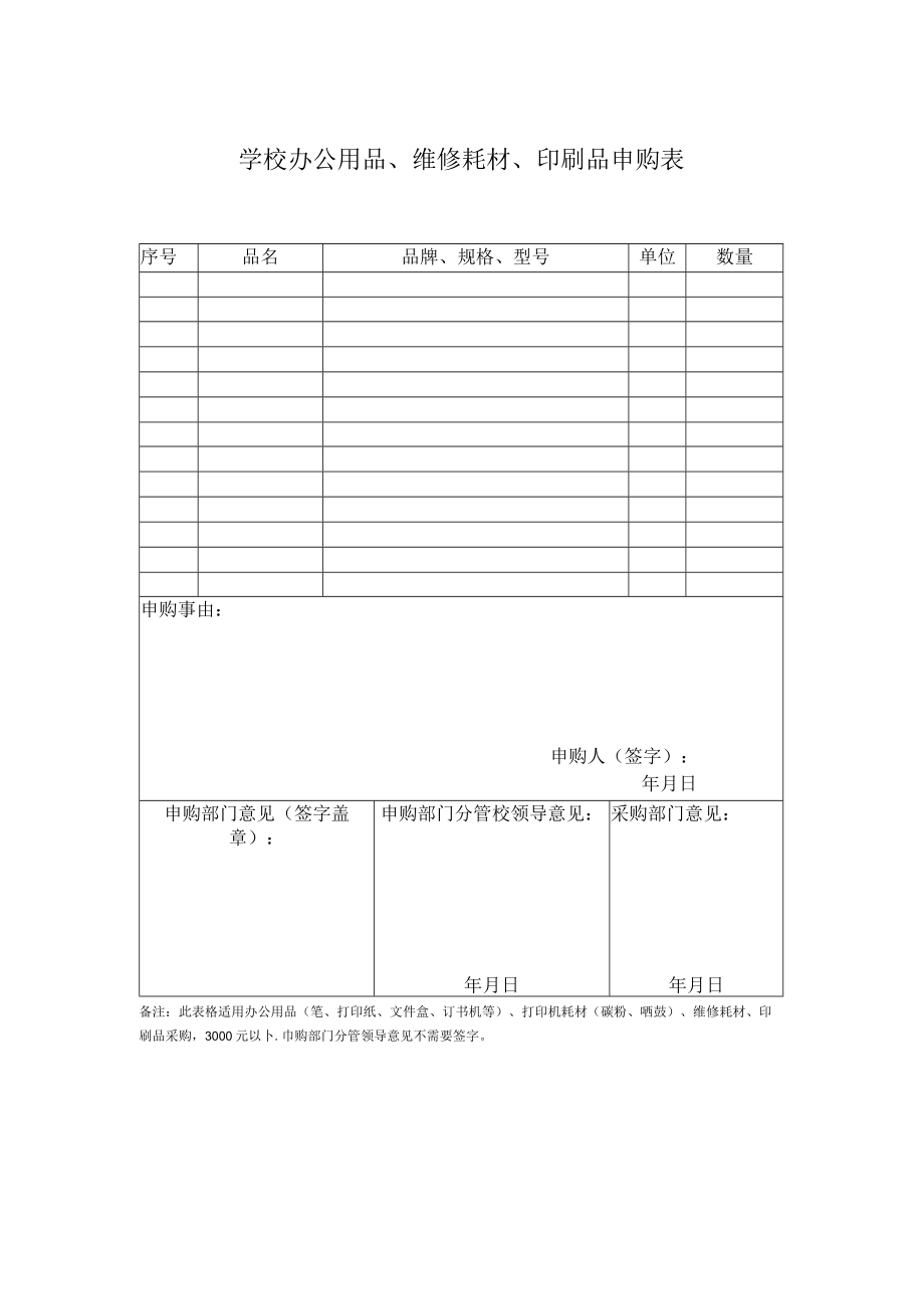 学校办公用品、维修耗材、印刷品申购表.docx_第1页