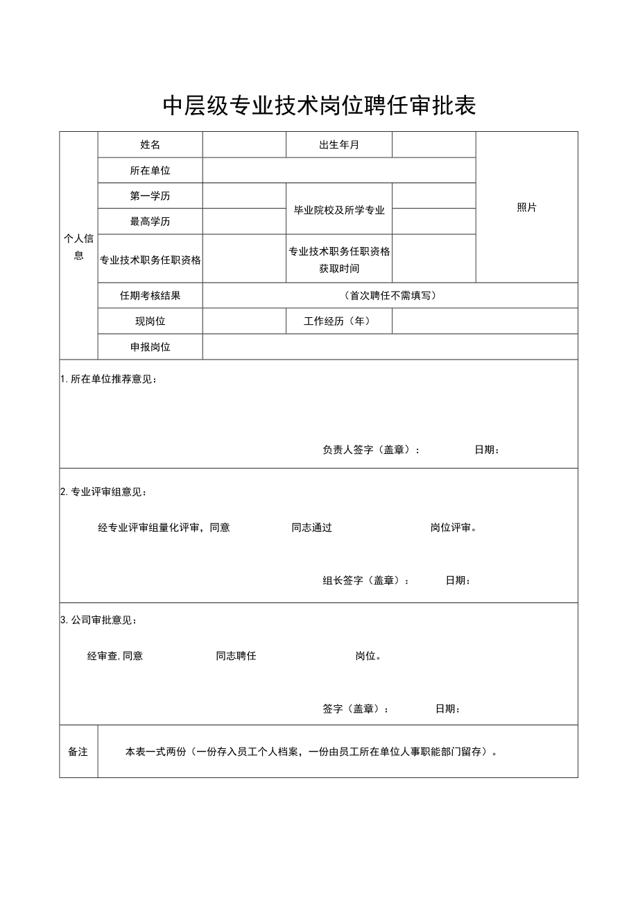 中层级专业技术岗位聘任审批表.docx_第1页