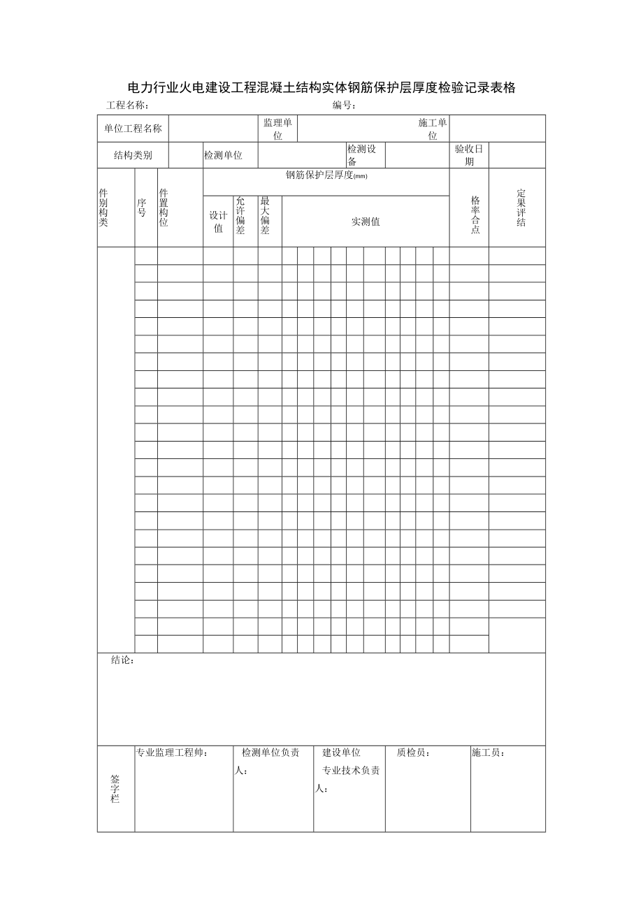 电力行业火电建设工程混凝土结构实体钢筋保护层厚度检验记录表格.docx_第1页