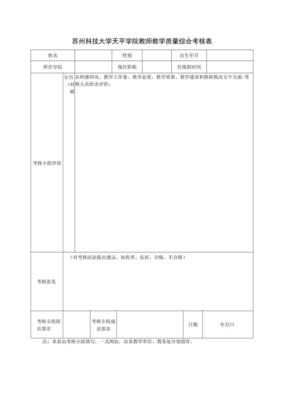 苏州科技大学天平学院教师教学质量综合考核表.docx_第1页