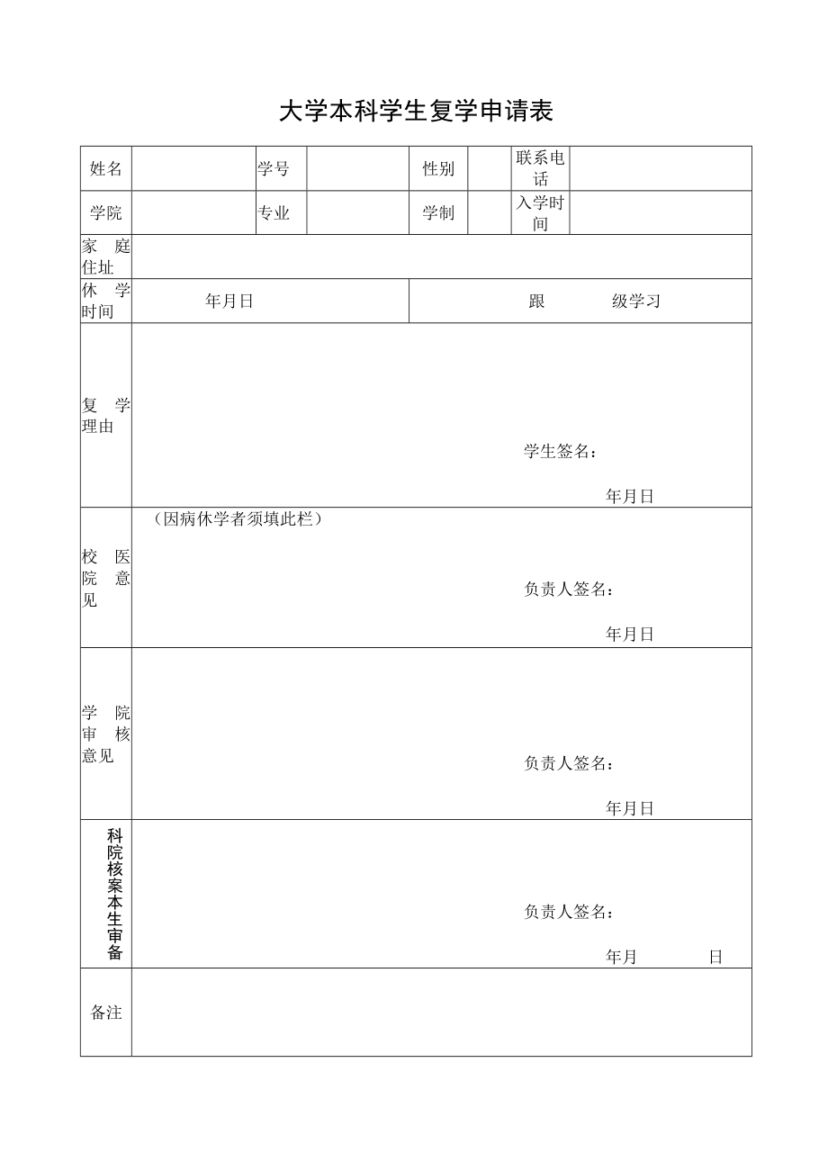 大学本科学生复学申请表.docx_第1页