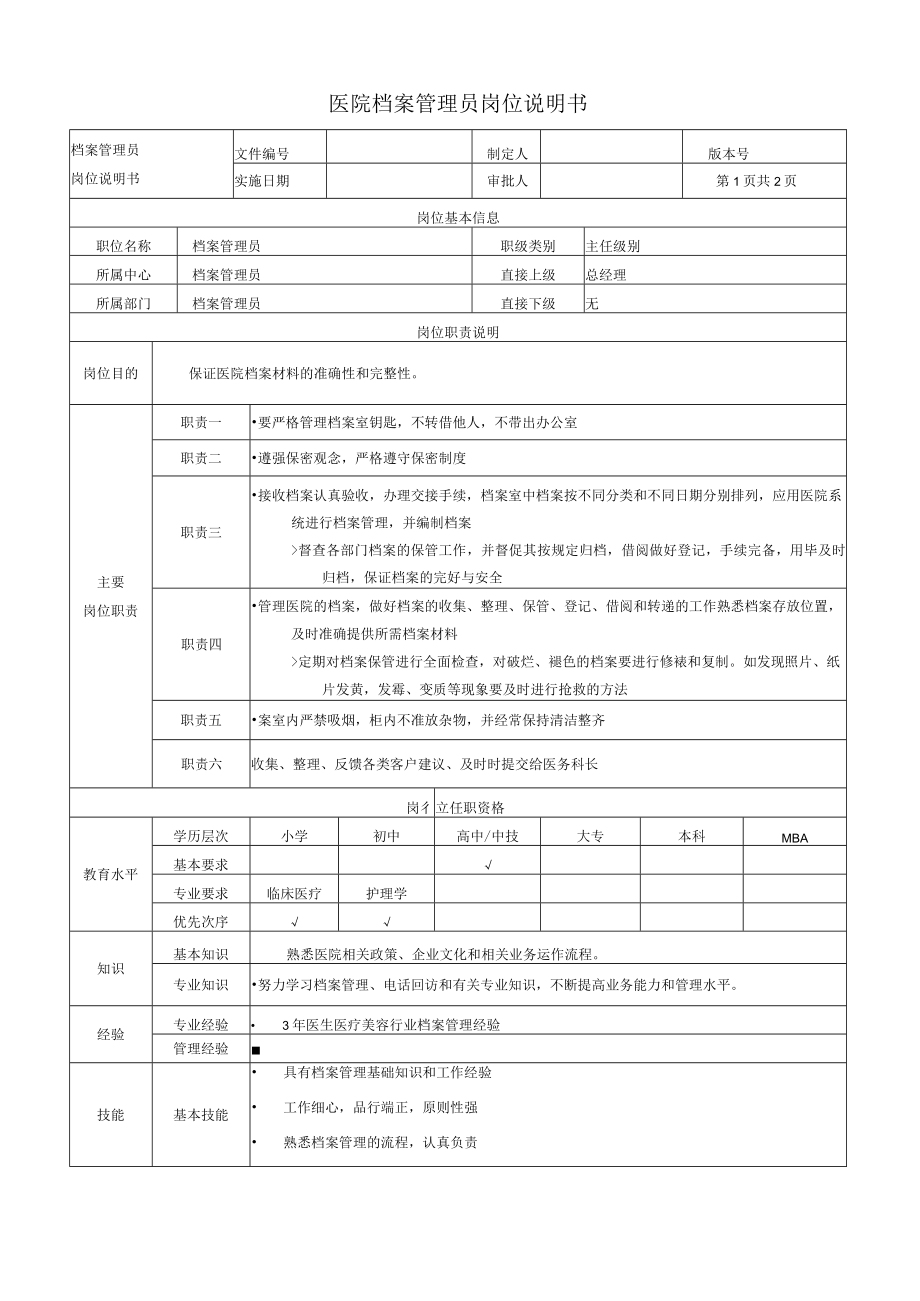 医院档案管理员岗位说明书.docx_第1页