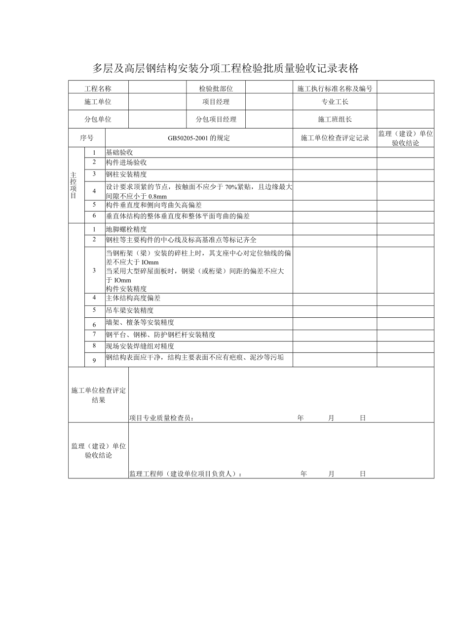 多层及高层钢结构安装分项工程检验批质量验收记录表格.docx_第1页