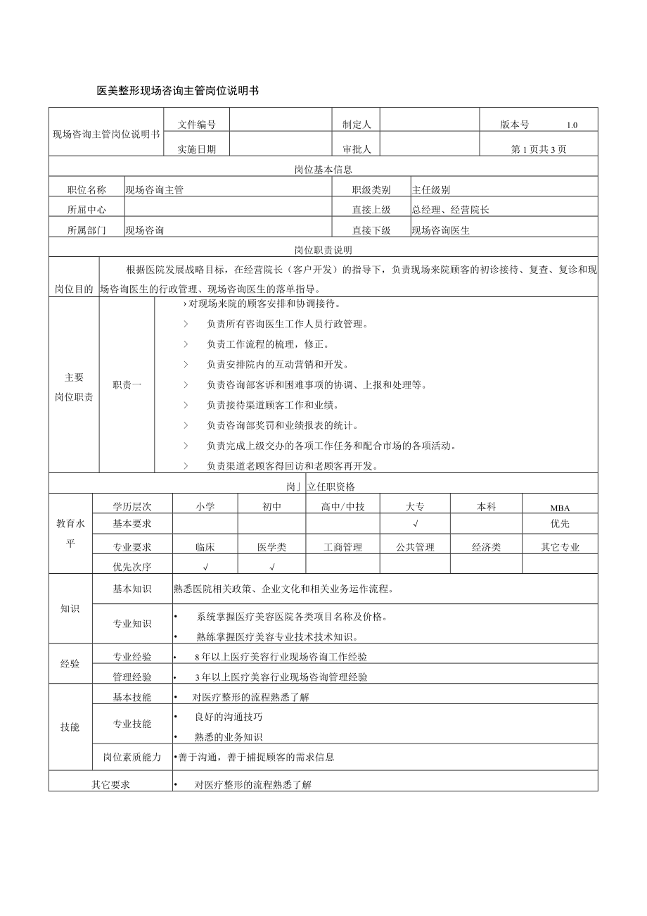 医美整形现场咨询设计主管岗位说明书.docx_第1页