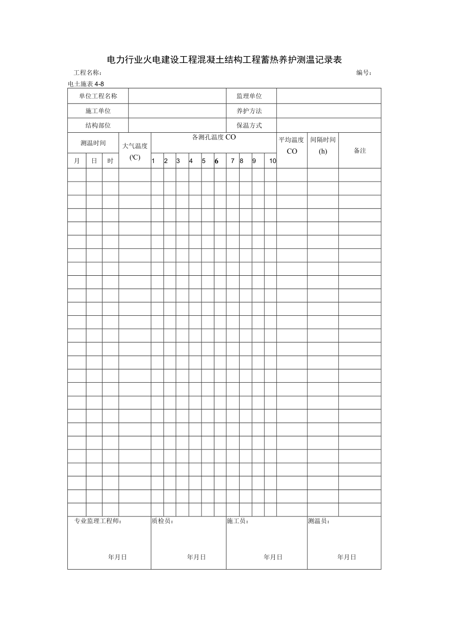 电力行业火电建设工程混凝土结构工程蓄热养护测温记录表.docx_第1页