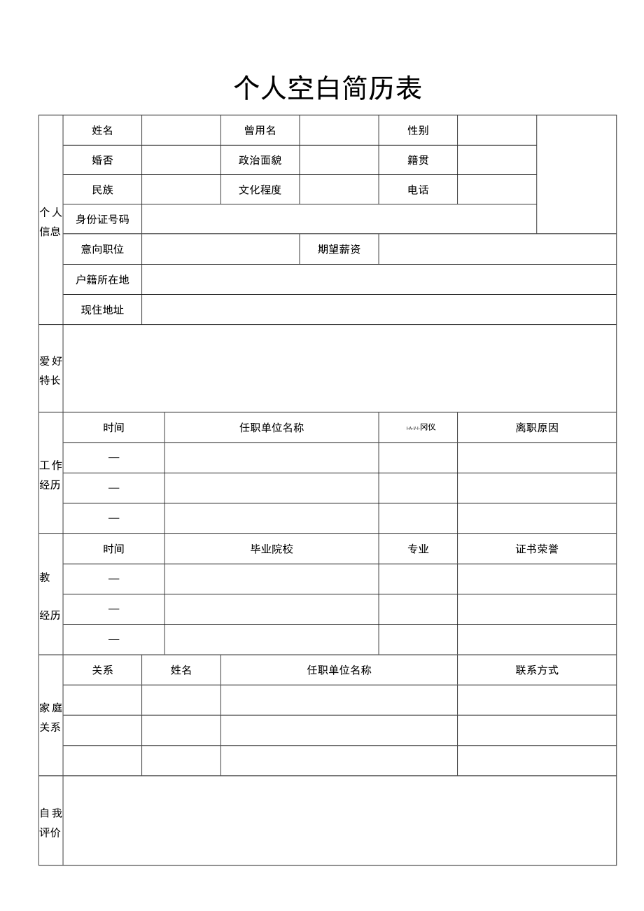 个人空白简历表.docx_第1页