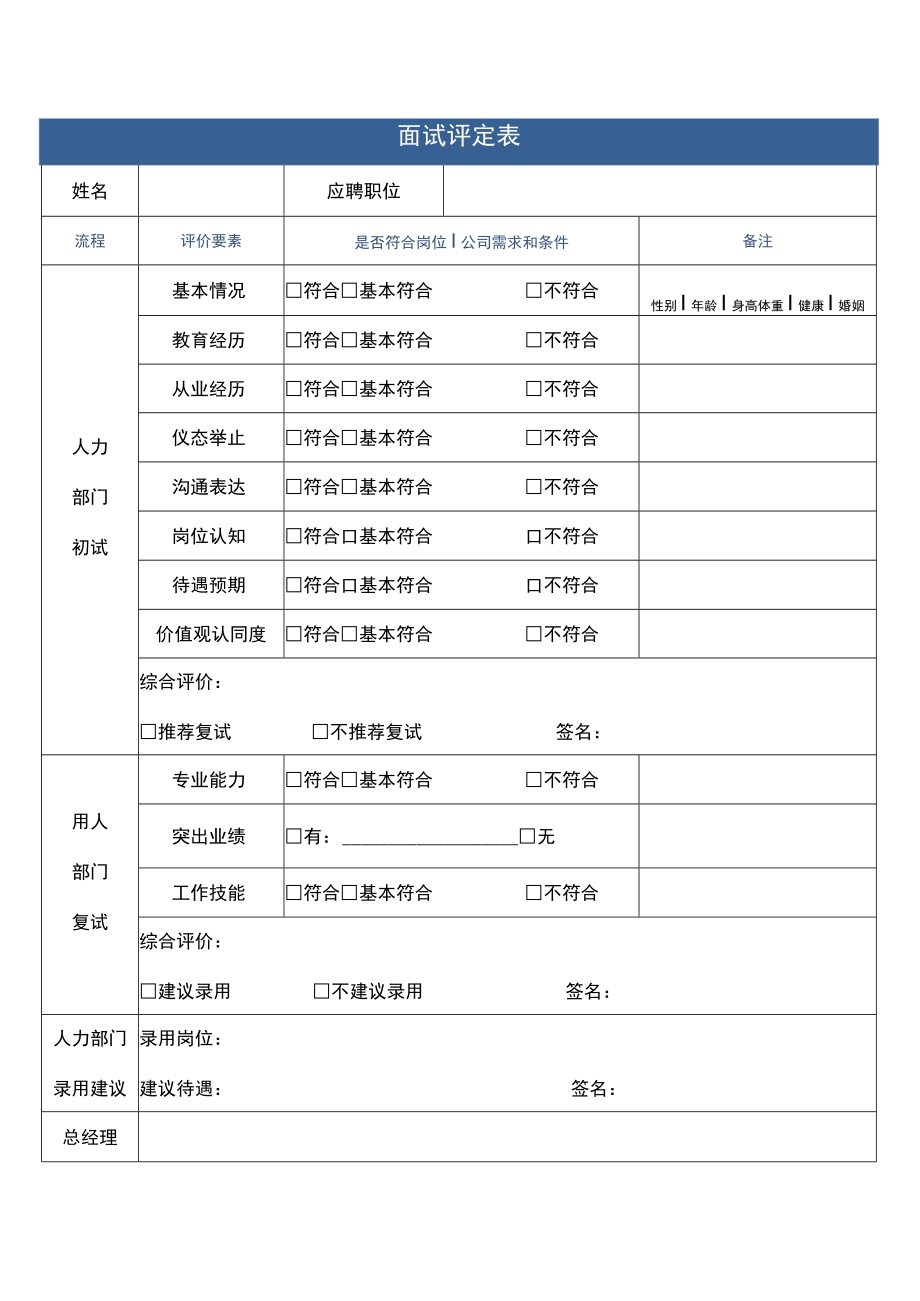 企业招聘面试评价表单.docx_第1页