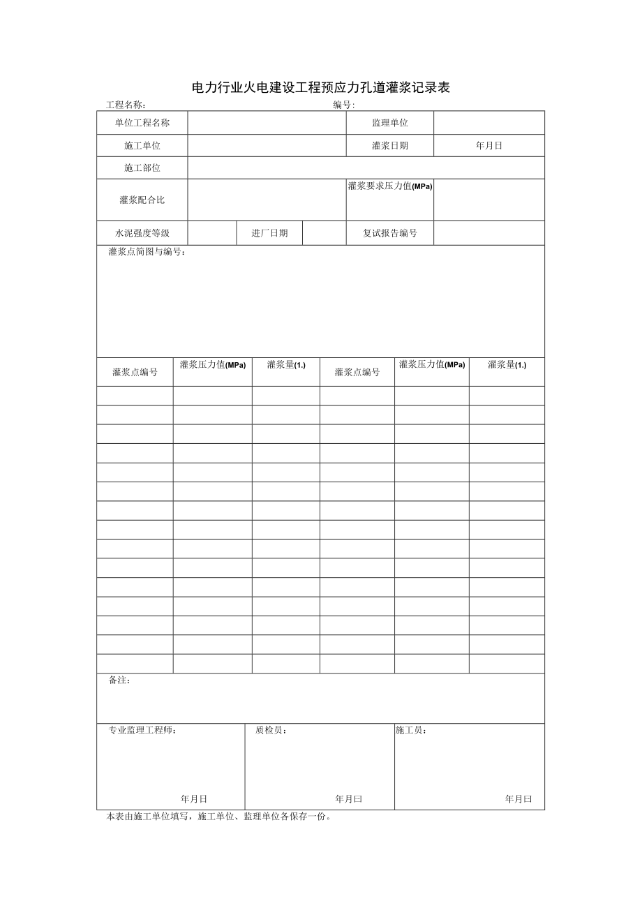 电力行业火电建设工程预应力孔道灌浆记录表.docx_第1页