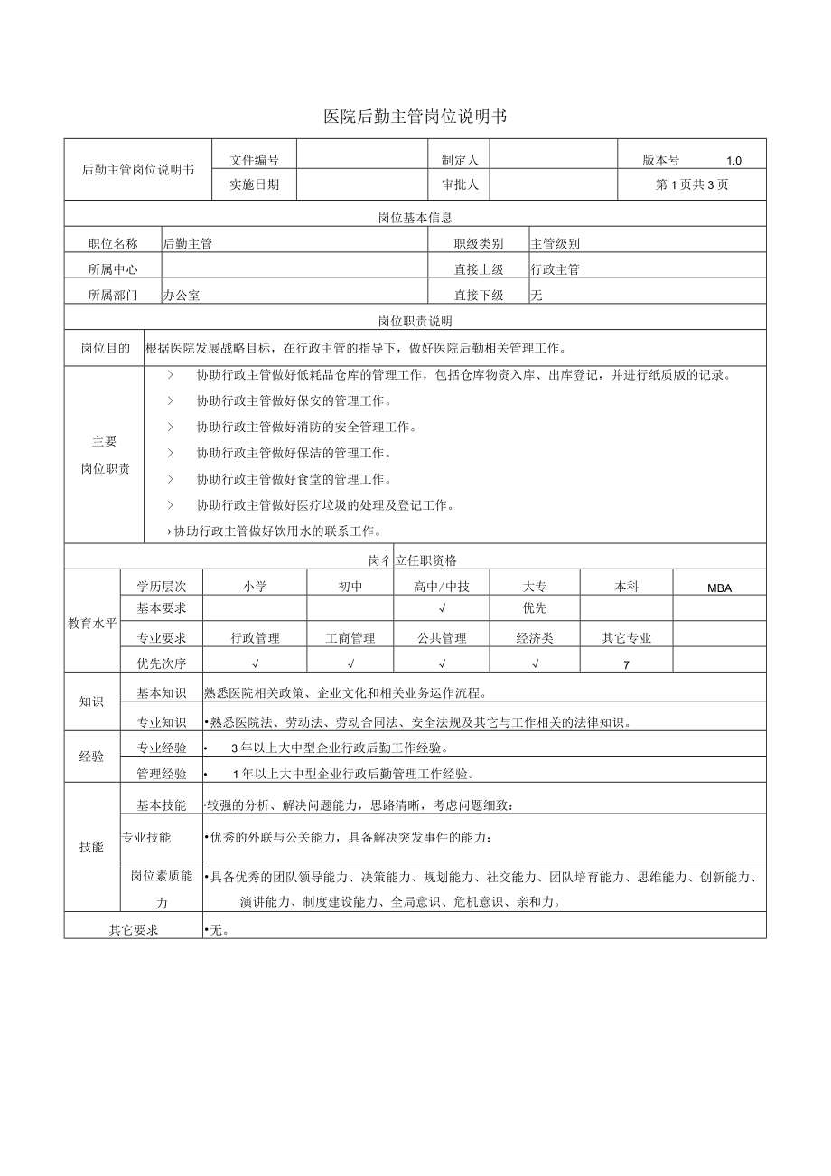 医院后勤主管岗位说明书.docx_第1页