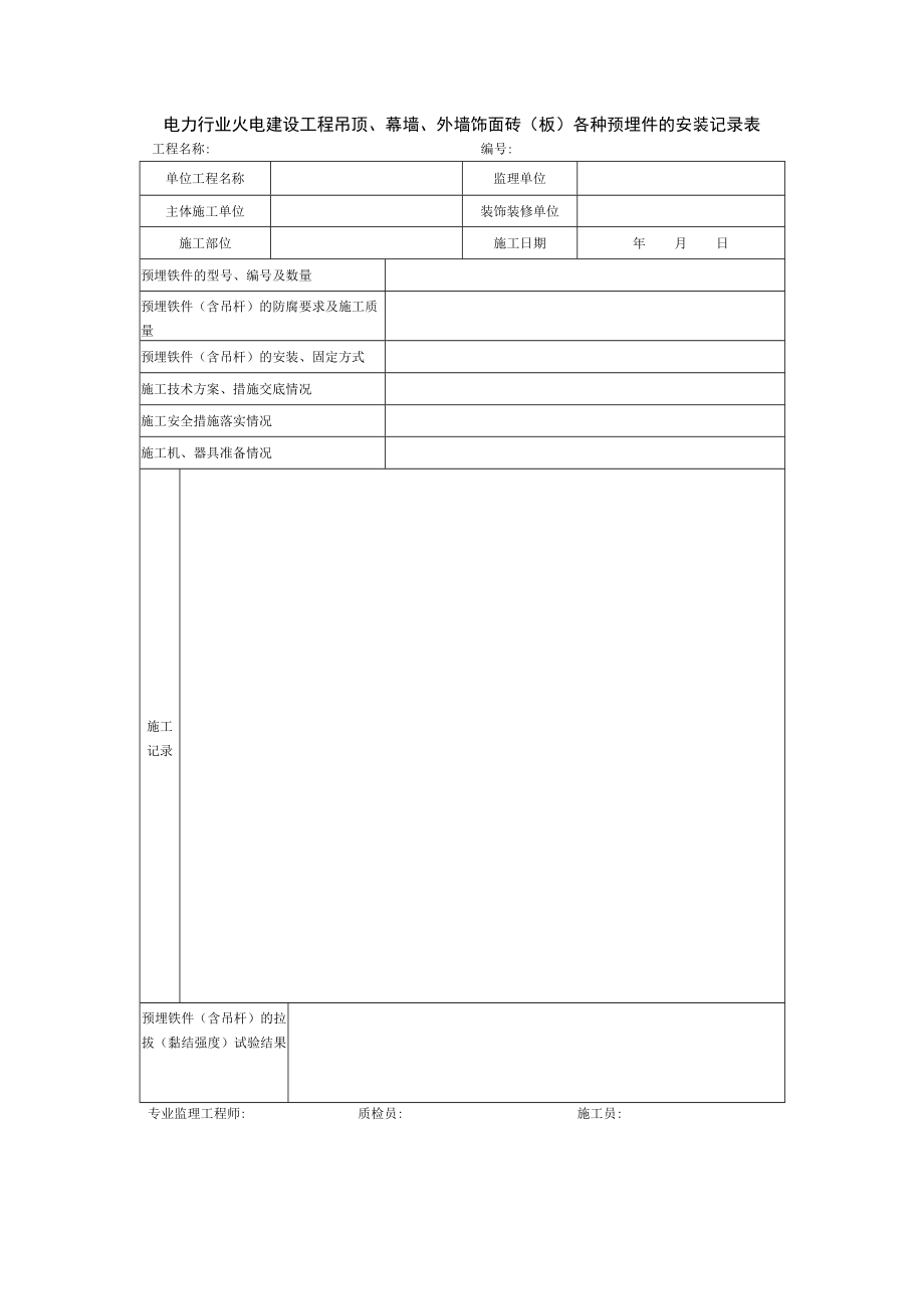 电力行业火电建设工程吊顶、幕墙、外墙饰面砖（板）各种预埋件的安装记录表.docx_第1页