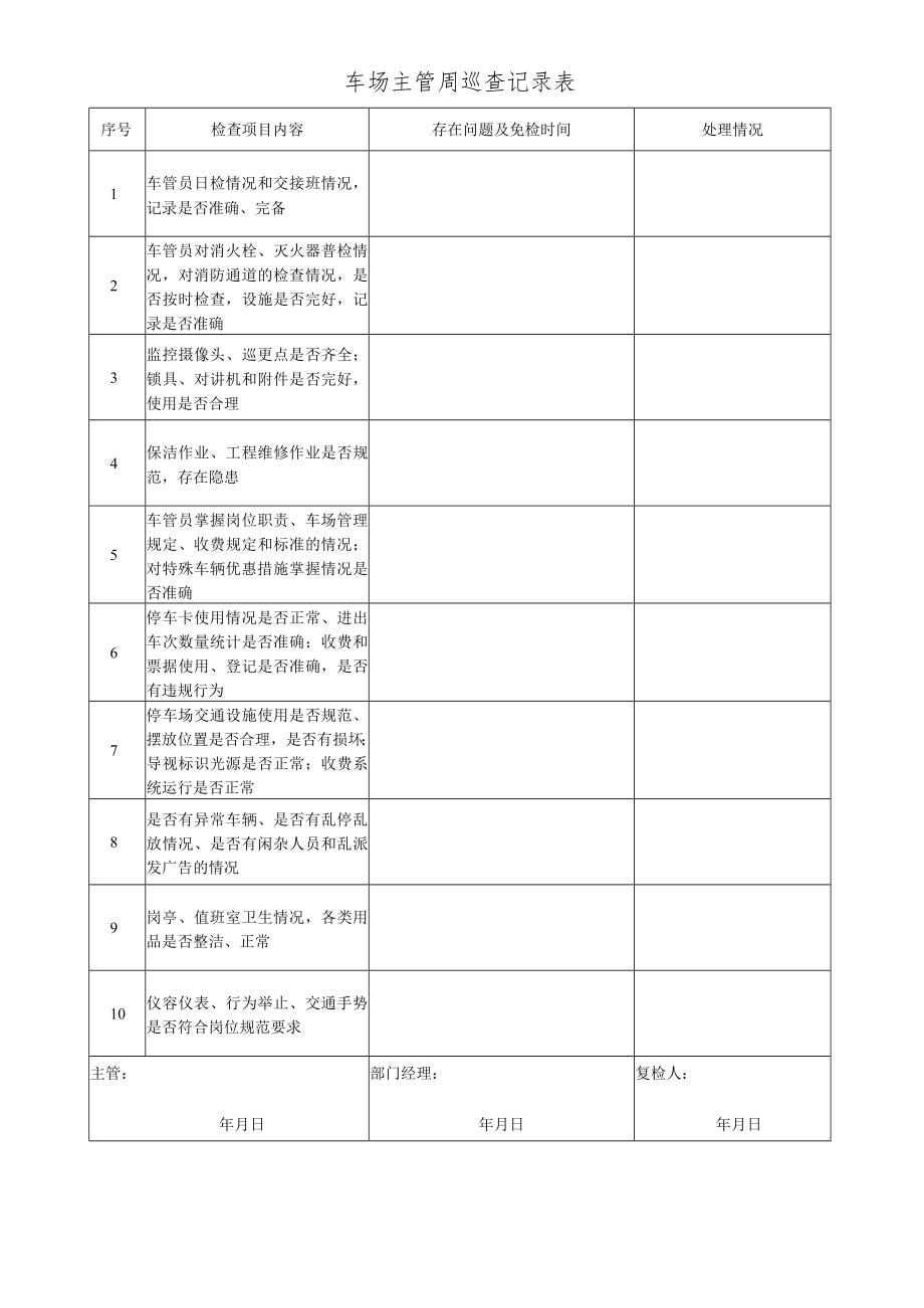 停车场（交接班）记录表 车场主管周巡查记录表 地下停车场票款交接表 地下停车场收费日报表 物业停车场表格模板.docx_第2页