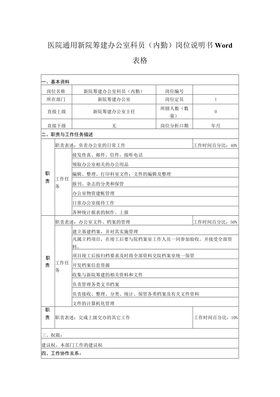 医院通用新院筹建办公室科员（内勤）岗位说明书Word表格.docx_第1页