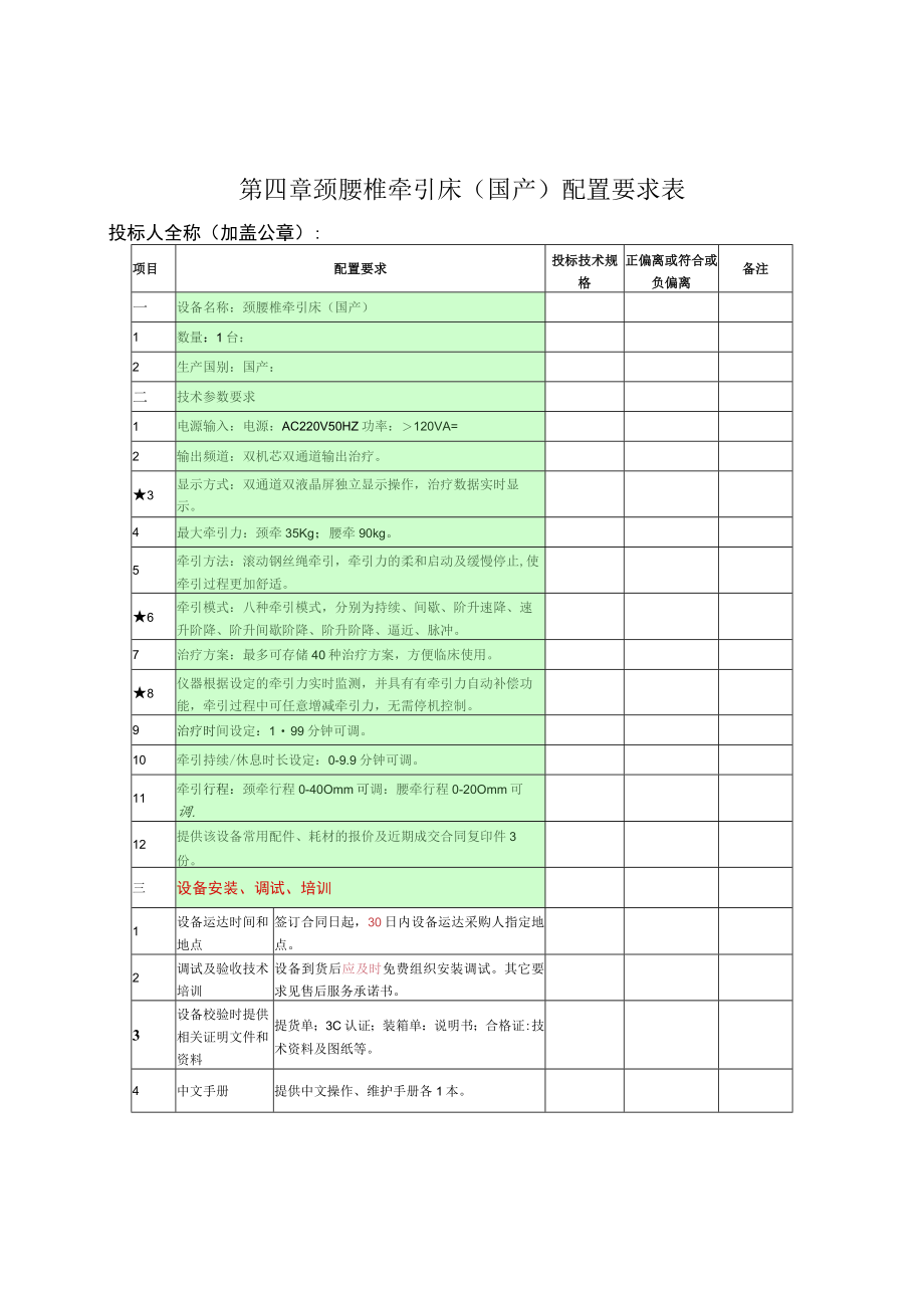 第四章颈腰椎牵引床国产配置要求表.docx_第1页