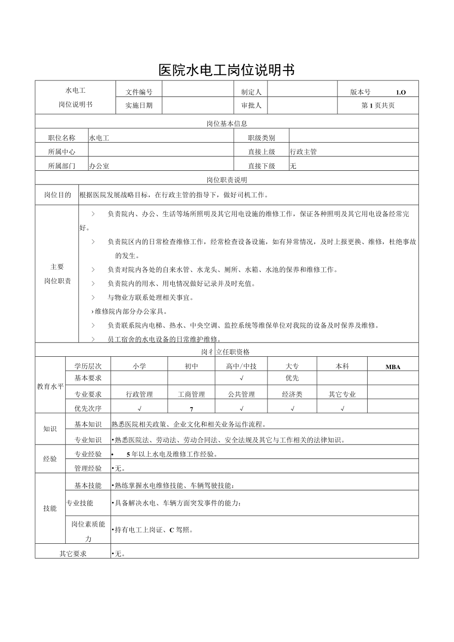 医院水电工岗位说明书.docx_第1页