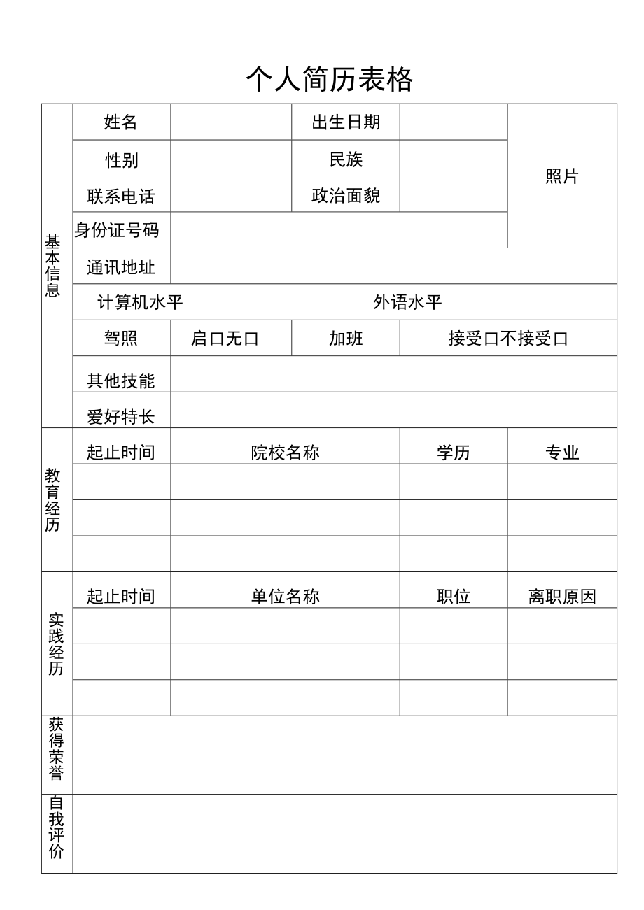 个人简历空白表格.docx_第1页