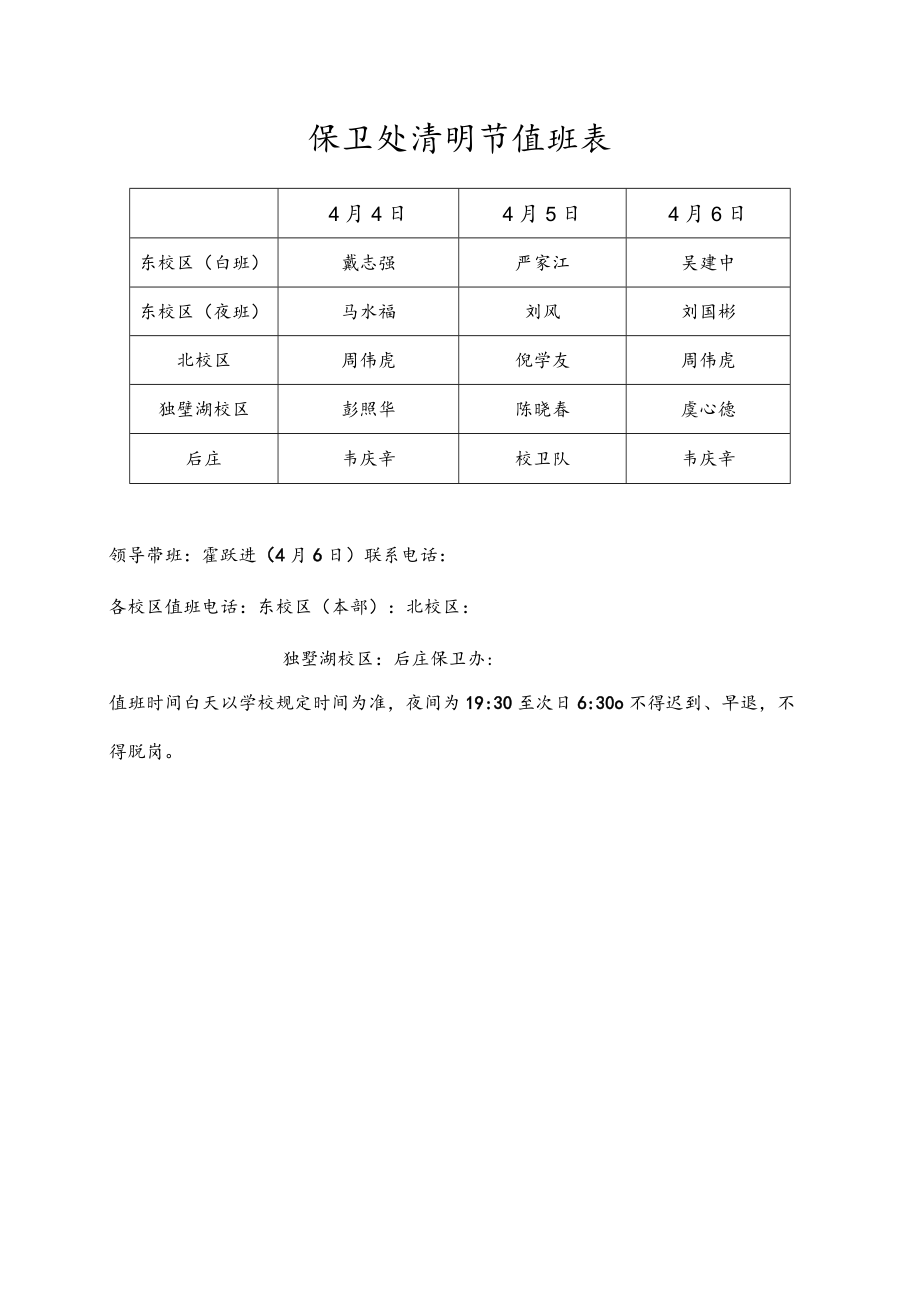 保卫处清明节值班表.docx_第1页