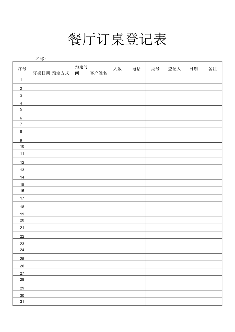 餐厅订桌登记表.docx_第1页