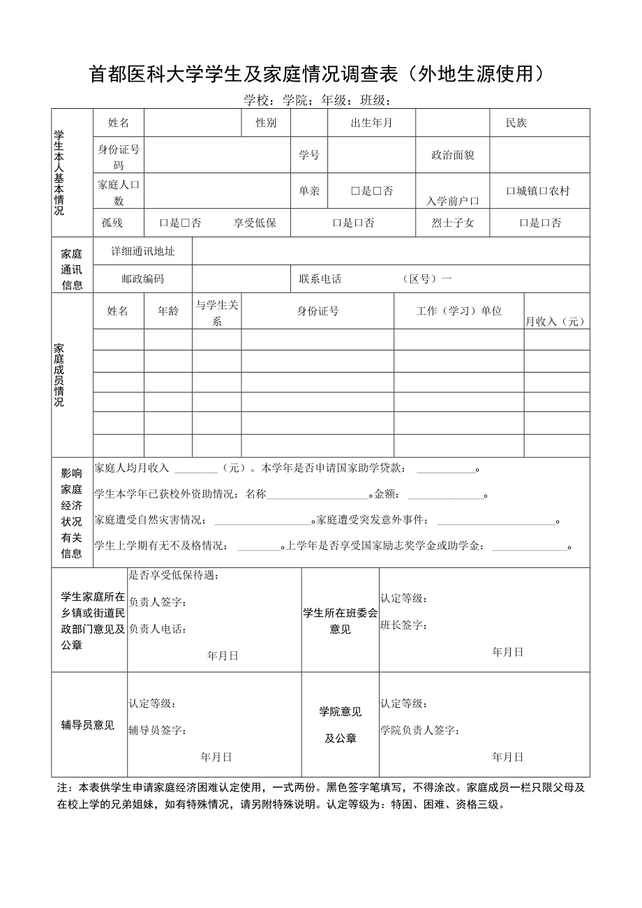 首都医科大学学生及家庭情况调查表外地生源使用.docx_第1页