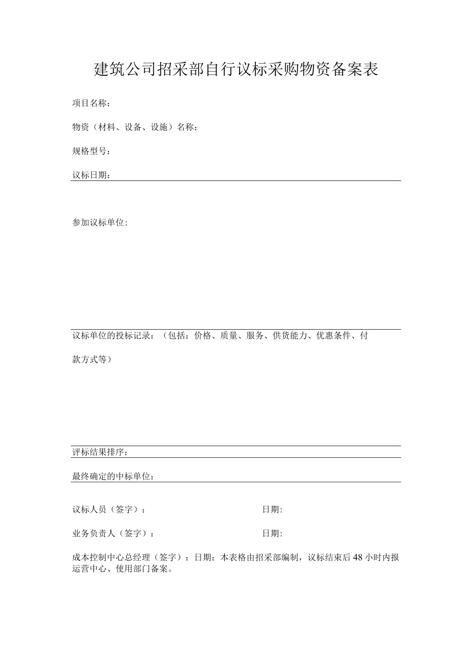 建筑公司招采部自行议标采购物资备案表.docx_第1页