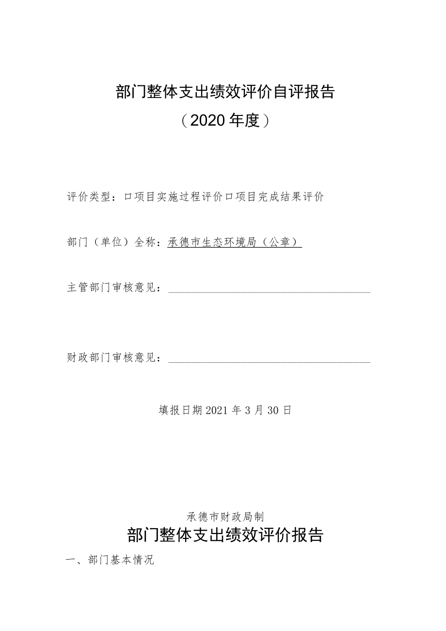 部门整体支出绩效评价自评报告2020年度.docx_第1页