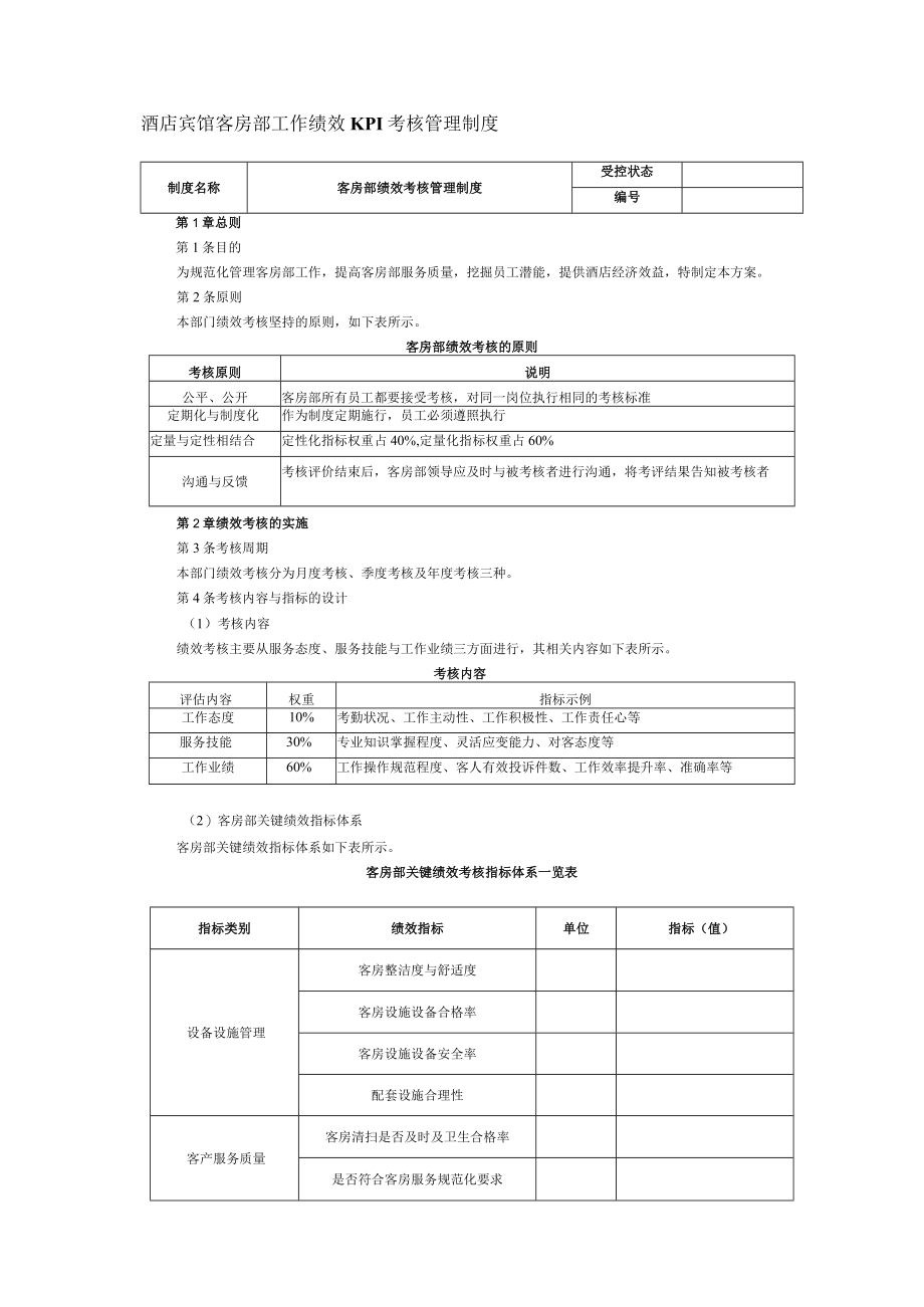 酒店宾馆客房部工作绩效KPI考核管理制度.docx_第1页