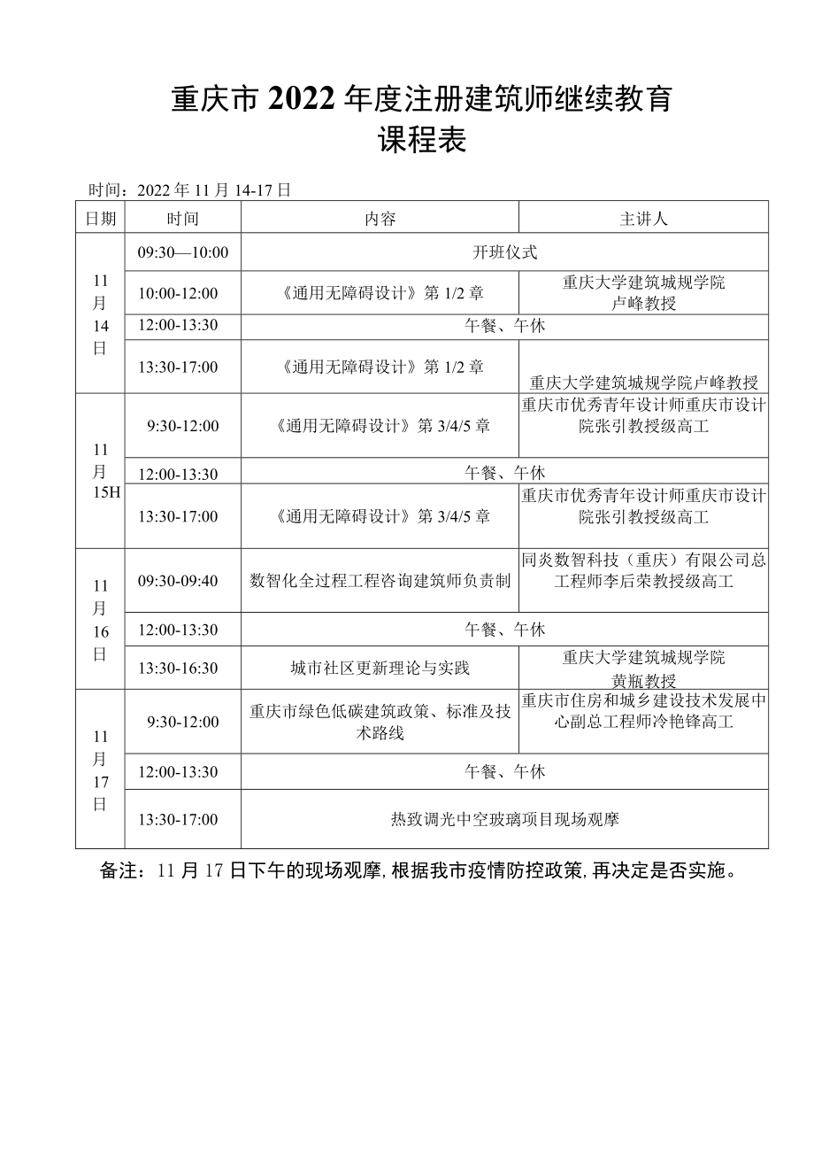 重庆市2022年度注册建筑师继续教育课程表.docx_第1页