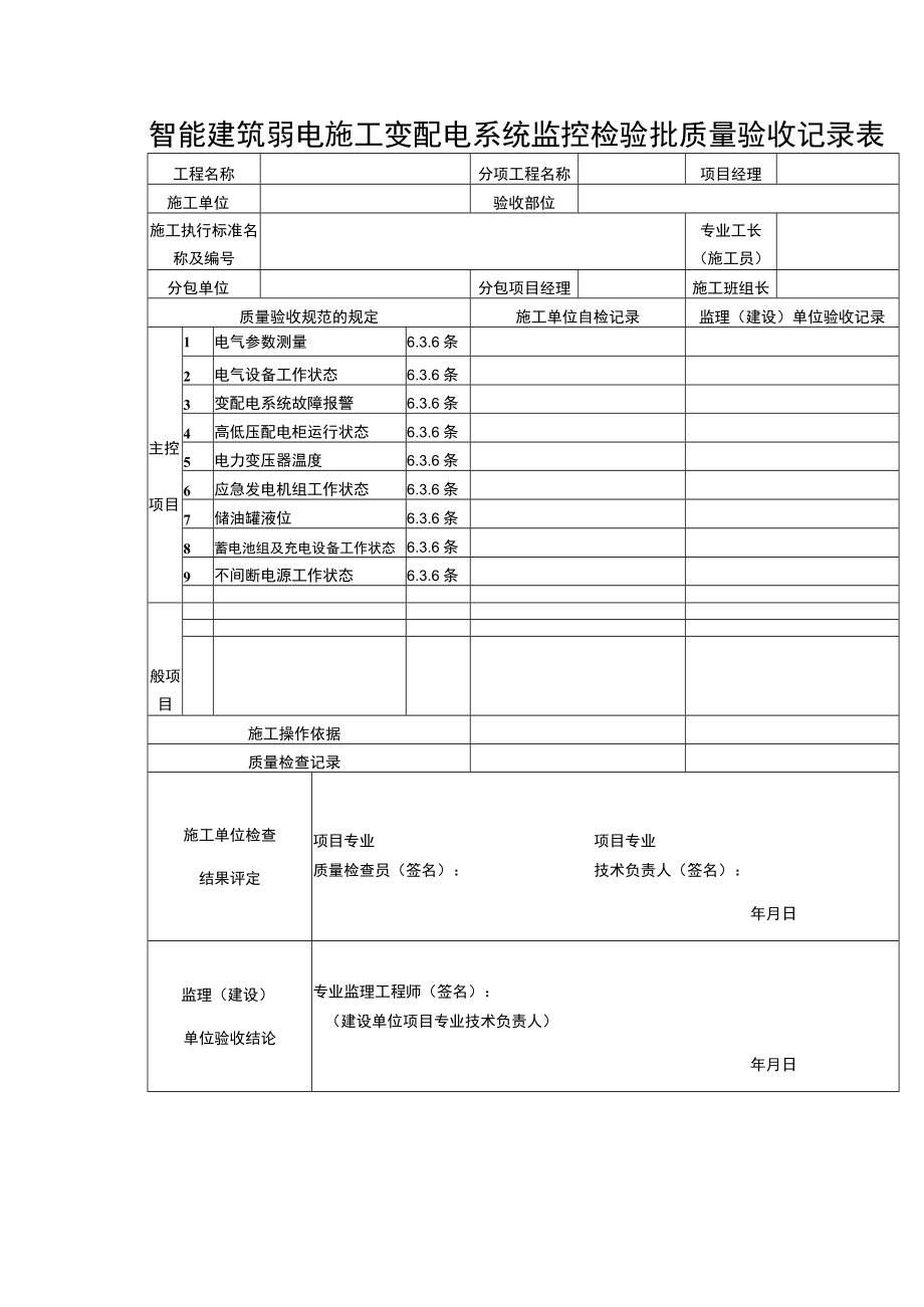 智能建筑弱电施工变配电系统监控检验批质量验收记录表.docx_第1页