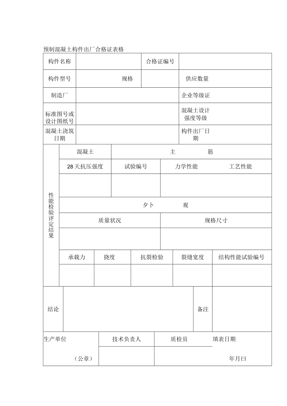 预制混凝土构件出厂合格证表格.docx_第1页