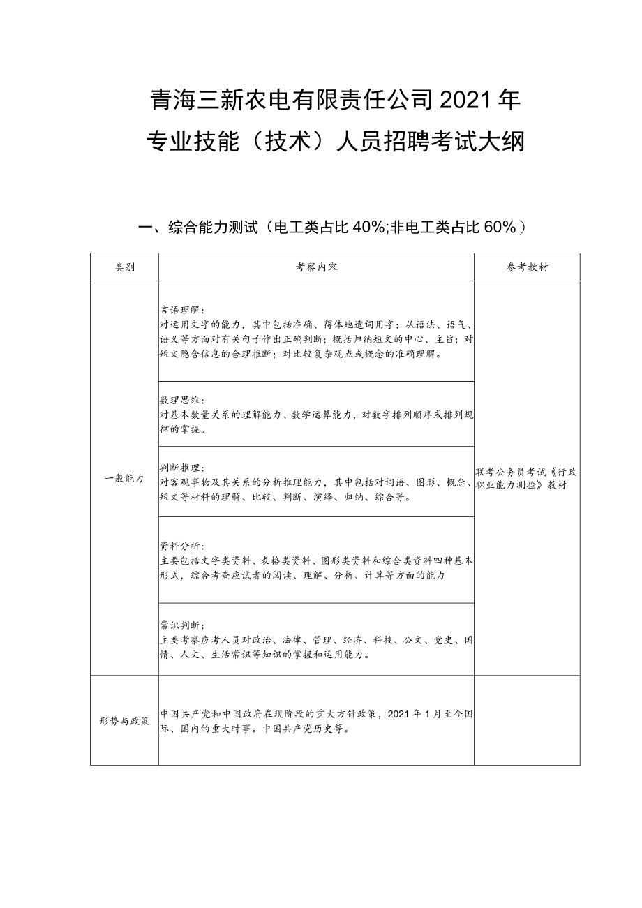 青海三新农电有限责任公司2021年专业技能技术人员招聘考试大纲.docx_第1页