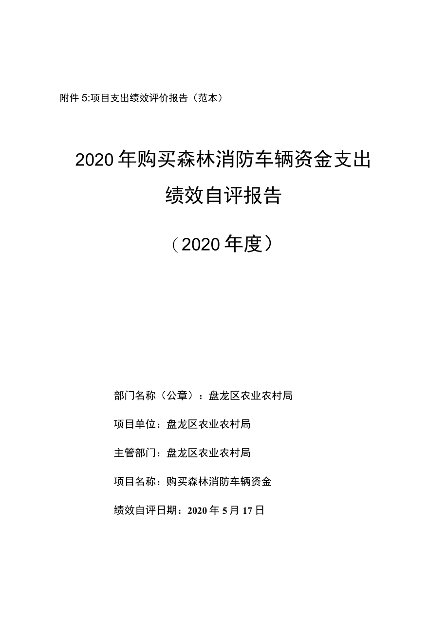 项目支出绩效评价报告范本2020年购买森林消防车辆资金支出绩效自评报告2020年度.docx_第1页